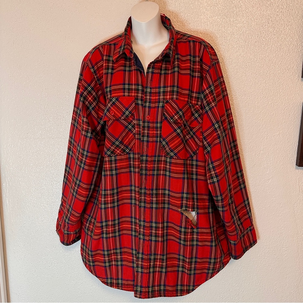 LL BEAN Vintage distressed damaged red plaid Thinsulate Navy Jacket made in USA